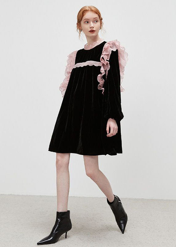 Black Stand Collar Patchwork Ruffled Velour Mid Dresses Spring