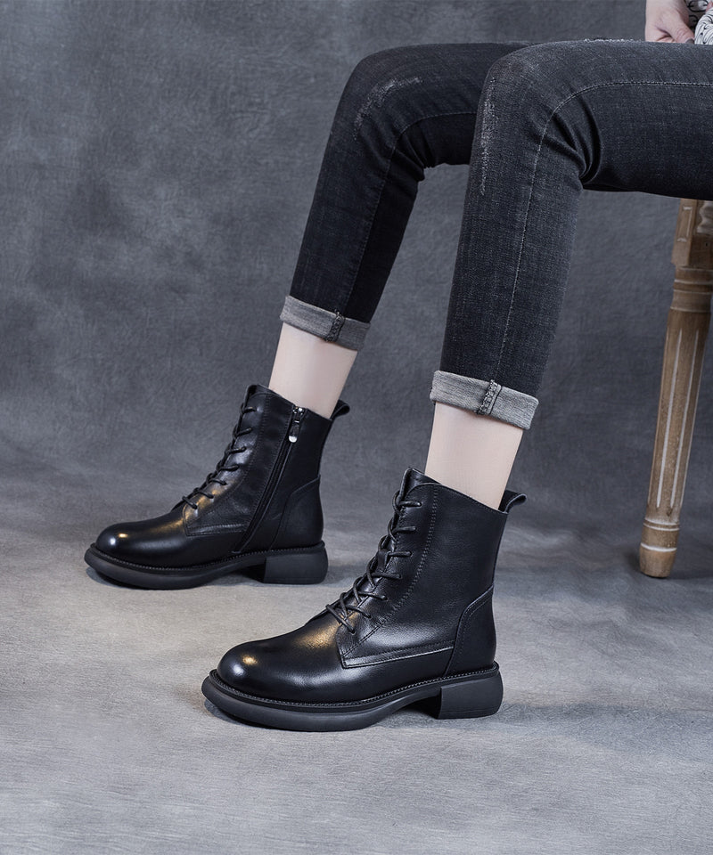 Black Lace Up Warm Fleece Cowhide Leather Ankle Boots