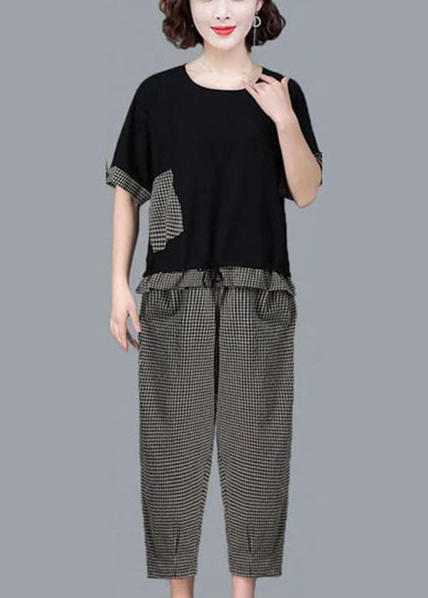 Black Plaid Patchwork Linen Tanks and Harem Pants Two Piece Set Clothing Drawstring Short Sleeve
