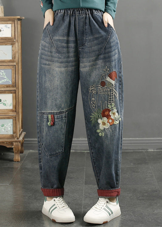 Navy Embroideried Patchwork Denim Pants Spring