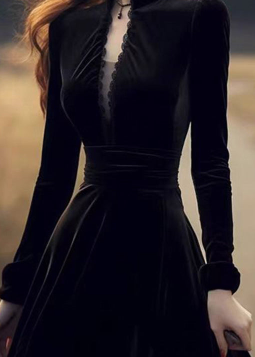 Black Stand Collar Patchwork Slim Fit Velour Dresses Spring