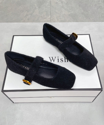 French Grey Fuzzy Fur Fluffy Soft Splicing Flat Feet Shoes Buckle Strap