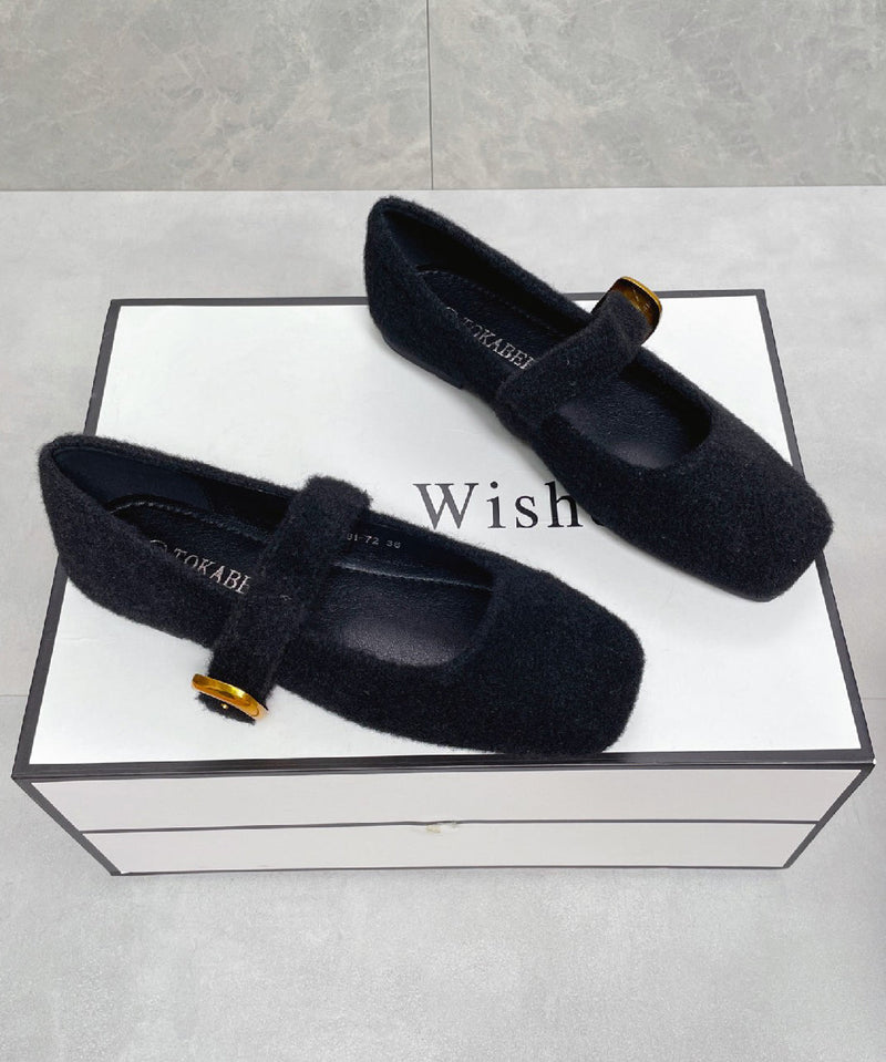 French Grey Fuzzy Fur Fluffy Soft Splicing Flat Feet Shoes Buckle Strap