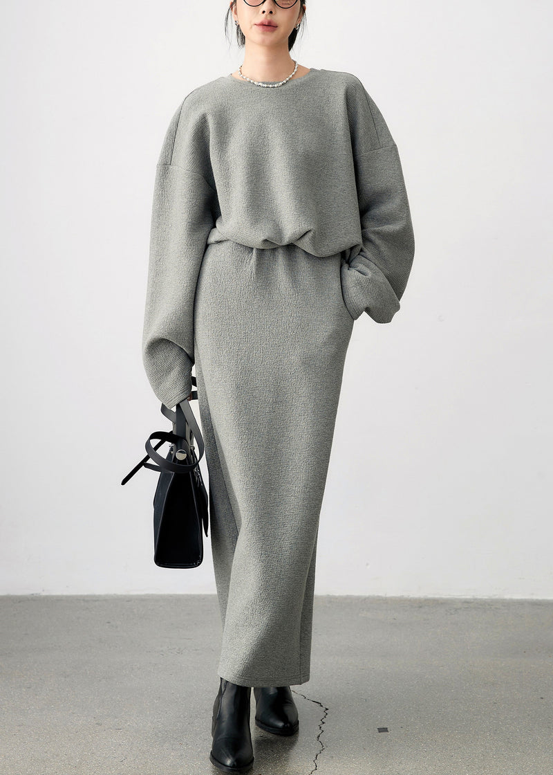 Grey O Neck Side Open Sweatshirt and Skirts Cotton Two Pieces Set Fall