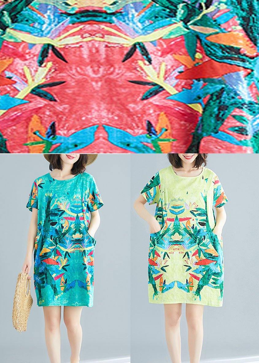 Yellow Retro Print Summer Robe Dresses Short Sleeve