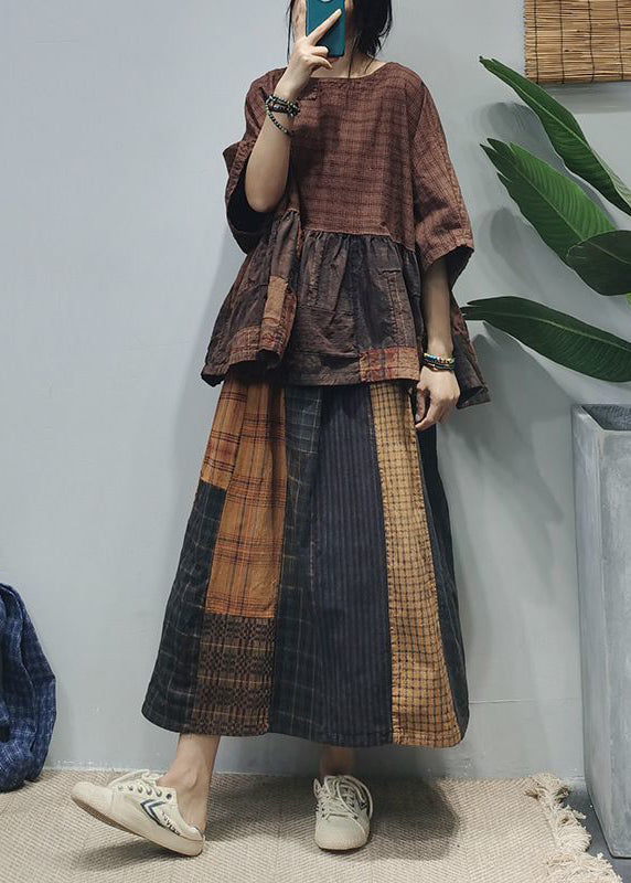 O-neck Wrinkled Patchwork Plaid Shirts Half Sleeve