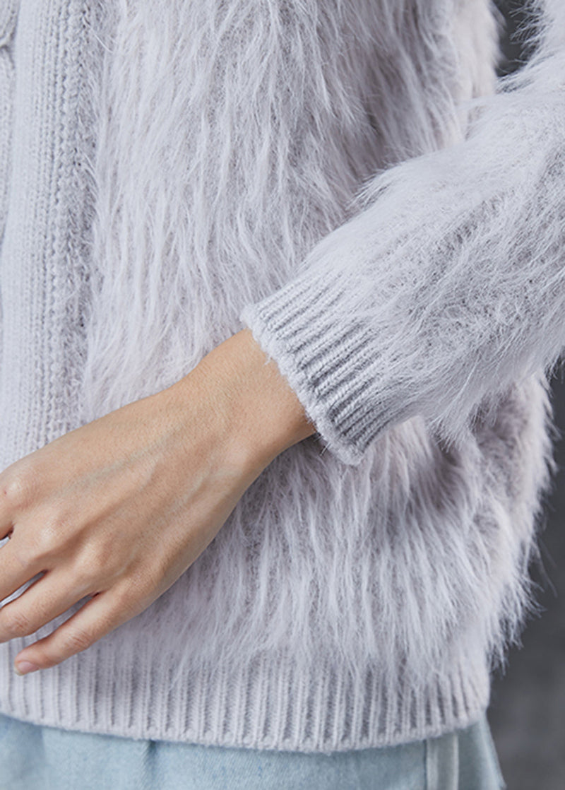 Grey Thick Patchwork Knit Short Sweater Winter