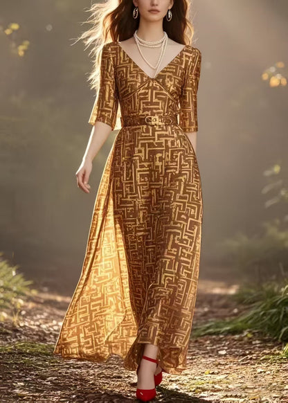 Brown Cinched Print Chiffon Long Dress Half Sleeve