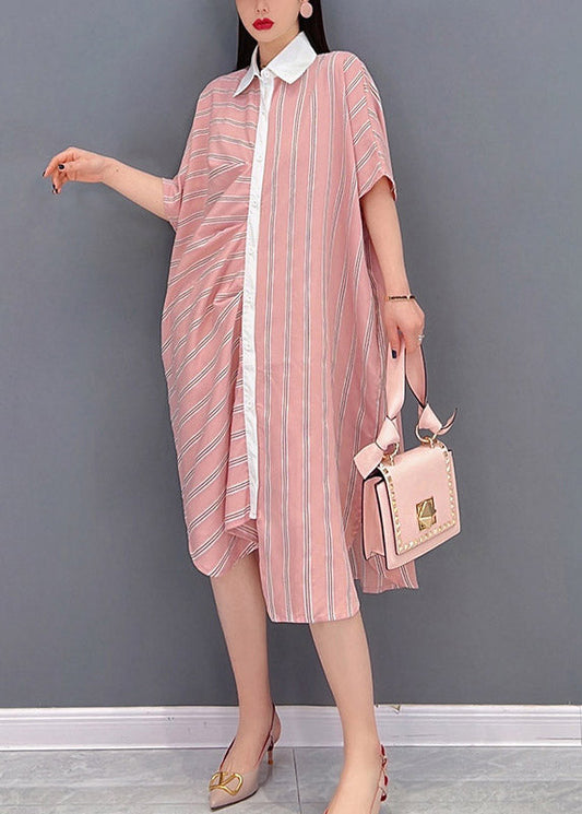 Boutique Red Peter Pan Collar Asymmetrical Striped Dress Short Sleeve