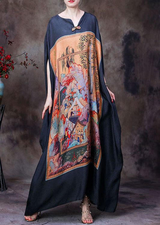 Black V Neck Print Party Long Dress for Batwing Sleeve