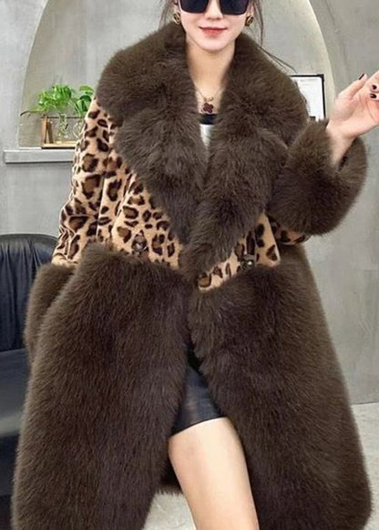 Loose Leopard Fur Collar Button Leather and Fur Coat Long Sleeve