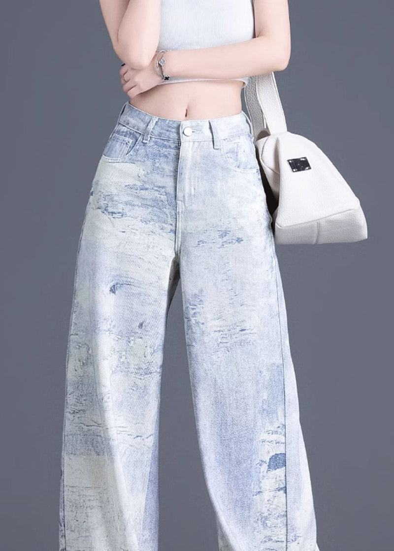 Blue Pockets Tie Dye High Waist Denim Pants Spring