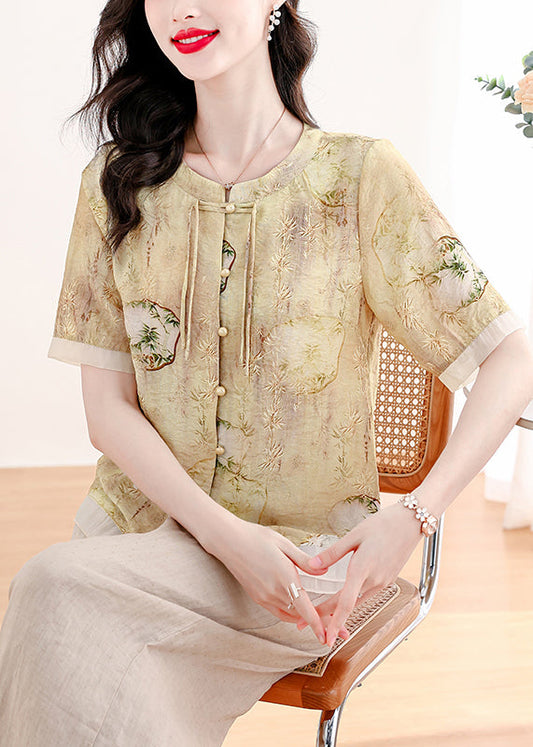 Yellow O Neck Print Linen Two Piece Suit Set Summer