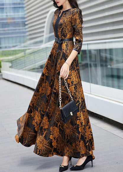 Orange Print Sashes Long Traveling Dress Spring