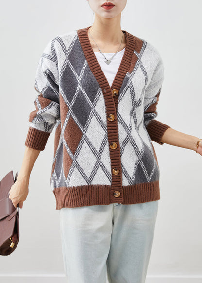Khaki Oversized Plaid Knit Jacket Fall