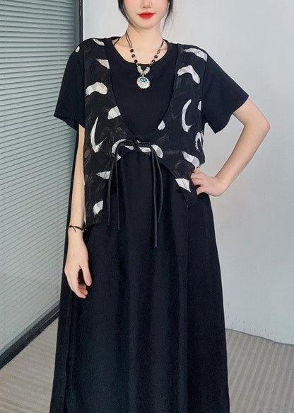 Black Print Button Fake Two Pieces Long Dress Short Sleeve