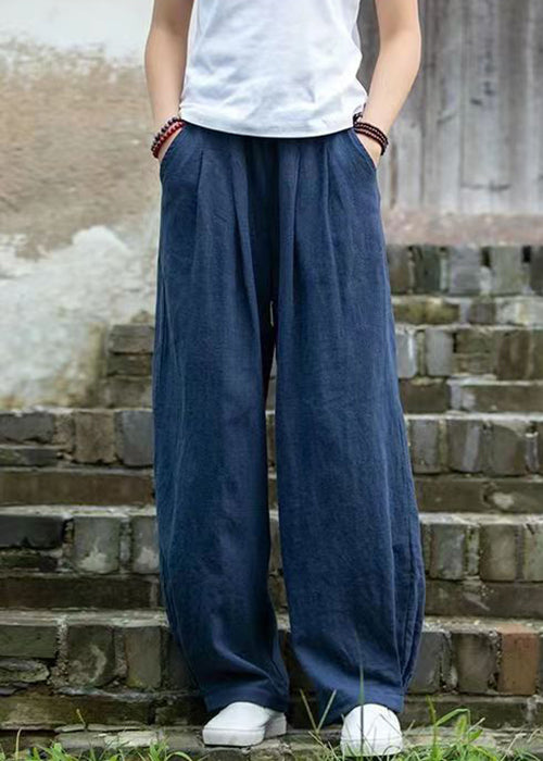 Simple Blue Pockets Linen Pants Summer