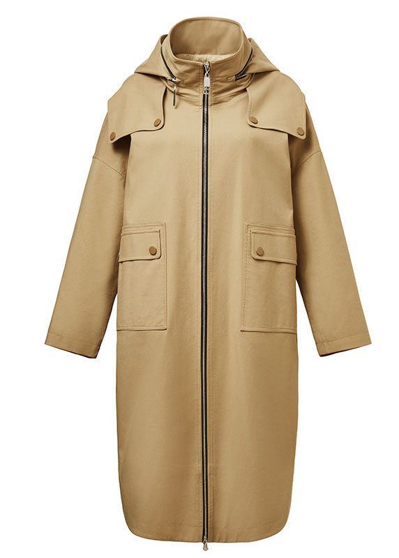 Khaki Hooded Zippered Cotton Cocoon Coats Spring