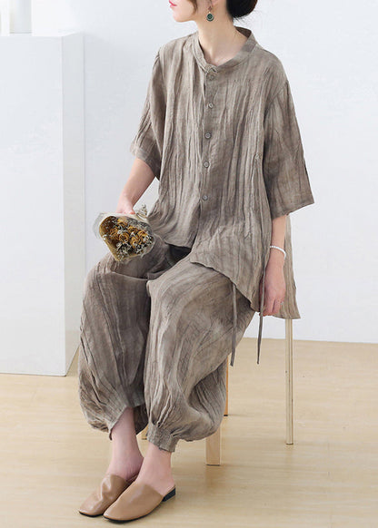 Khaki Asymmetrical Tie Dye Lace Up Linen Two Pieces Set Fall
