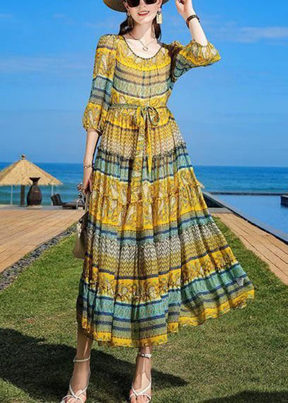 Yellow Print Ruffled Tie Waist Chiffon Dress Half Sleeve