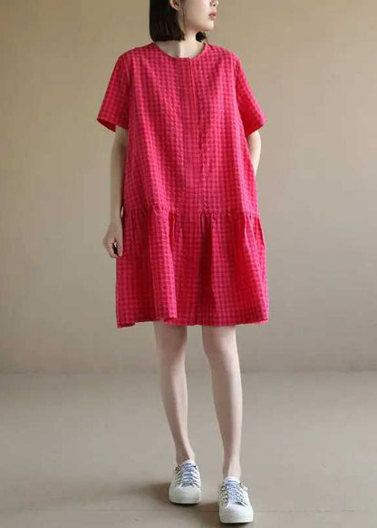 Red O Neck Plaid Cotton Mid Dresses Summer