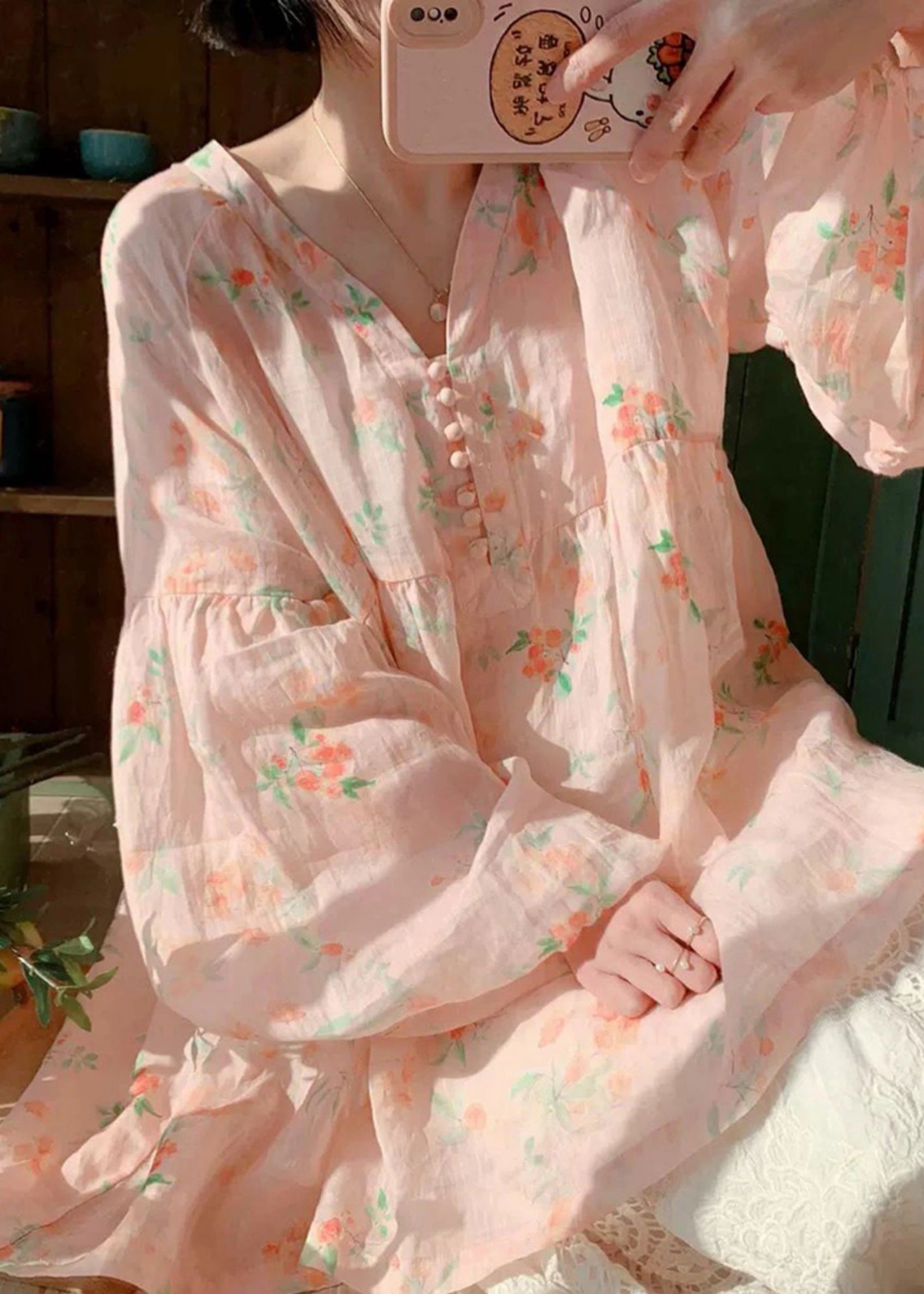 Pink V Neck Button Print Patchwork Cotton Top Lantern Sleeve