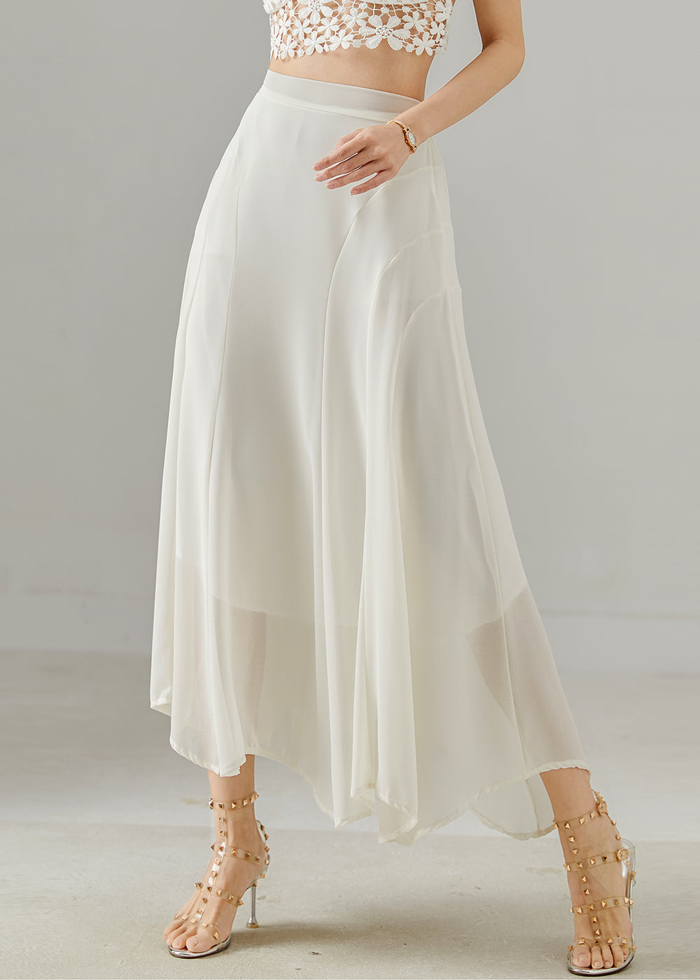 White Patchwork Draping Chiffon Skirts Summer