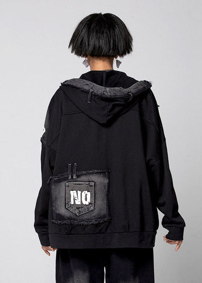 Black Zip Up Pockets Denim Coat Spring