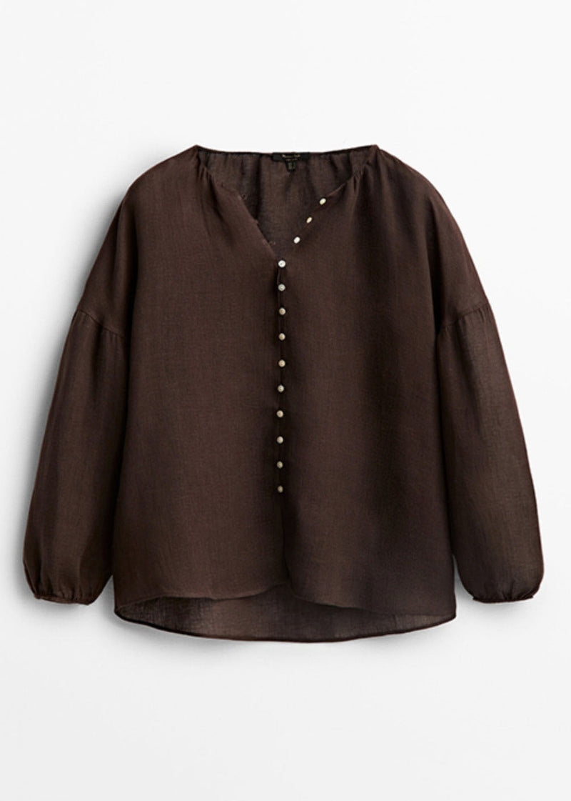 Chocolate V Neck Patchwork Low High Design Shirts Lantern Sleeve