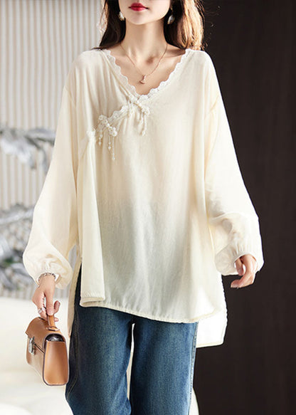 Apricot Ruffled Patchwork Low High Design Silk Velour Shirt Long Sleeve