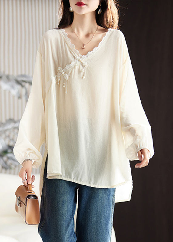 Apricot Ruffled Patchwork Low High Design Silk Velour Shirt Long Sleeve