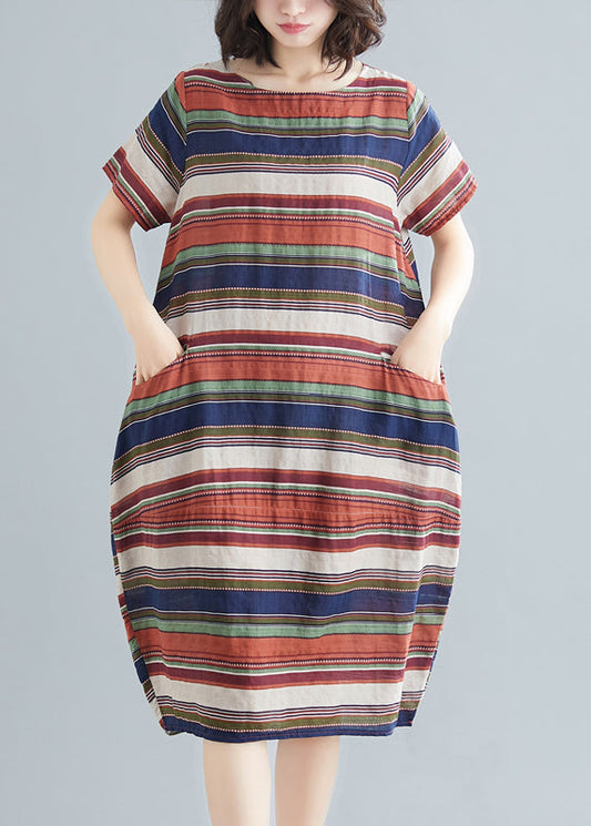 Italian Red Striped O-neck Cotton Maxi Dress Short Sleeve