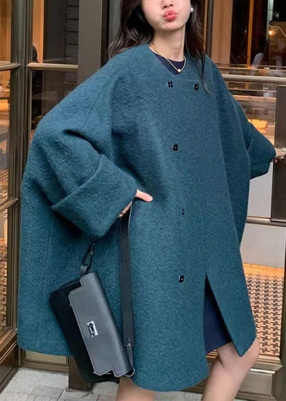 Grey O-neck Button Woolen Coats Long Sleeve