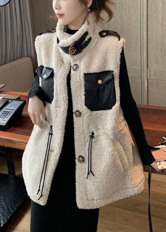 Modern Beige Drawstring Pockets Winter Sleeveless Teddy Vest Jacket