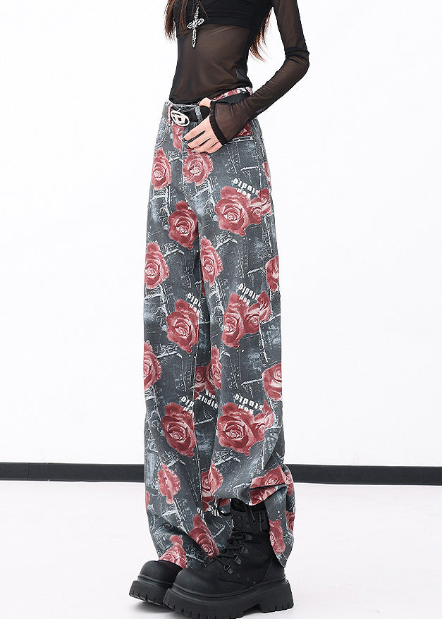 Red Pockets Print Denim Wide Leg Pants Fall