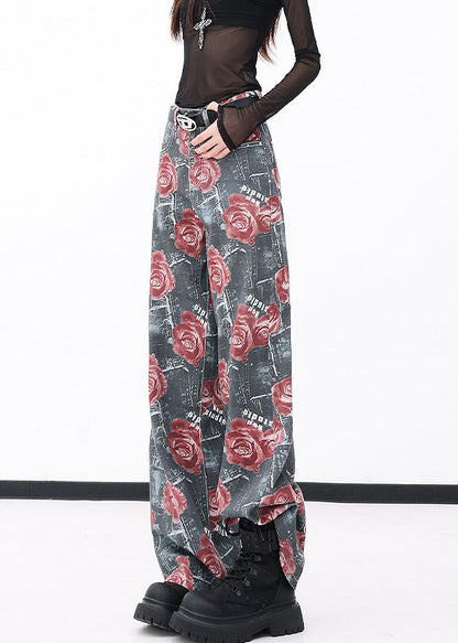 Red Pockets Print Denim Wide Leg Pants Fall