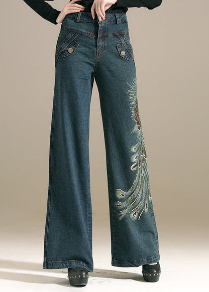 Denim Blue Sequins Embroideried Pockets Cotton Wide Leg Pants Summer