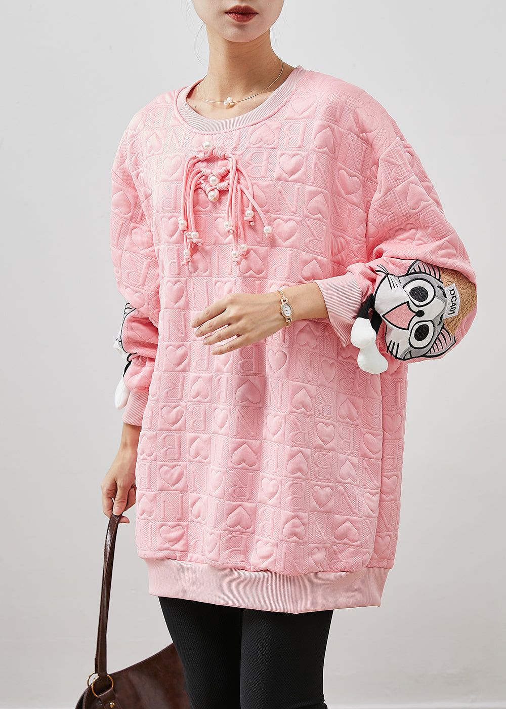 Pink Cartoon Tasseled Cotton Sweatshirt Spring