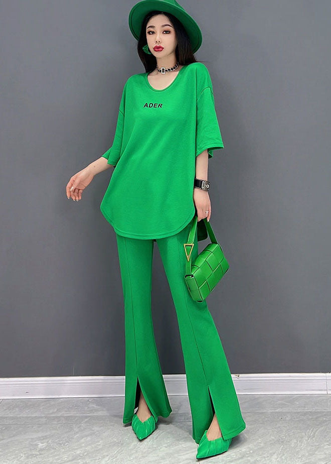 Fine Green O-neck Side Open Letter Print Cotton Tanks and Flare Pants Two-piece Set Summer