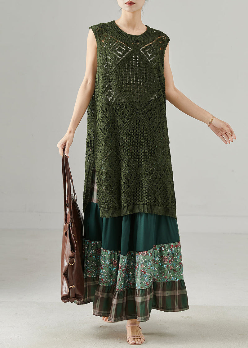 Army Green Hollow Out Side Open Knit Dress Two Piece Set Summer