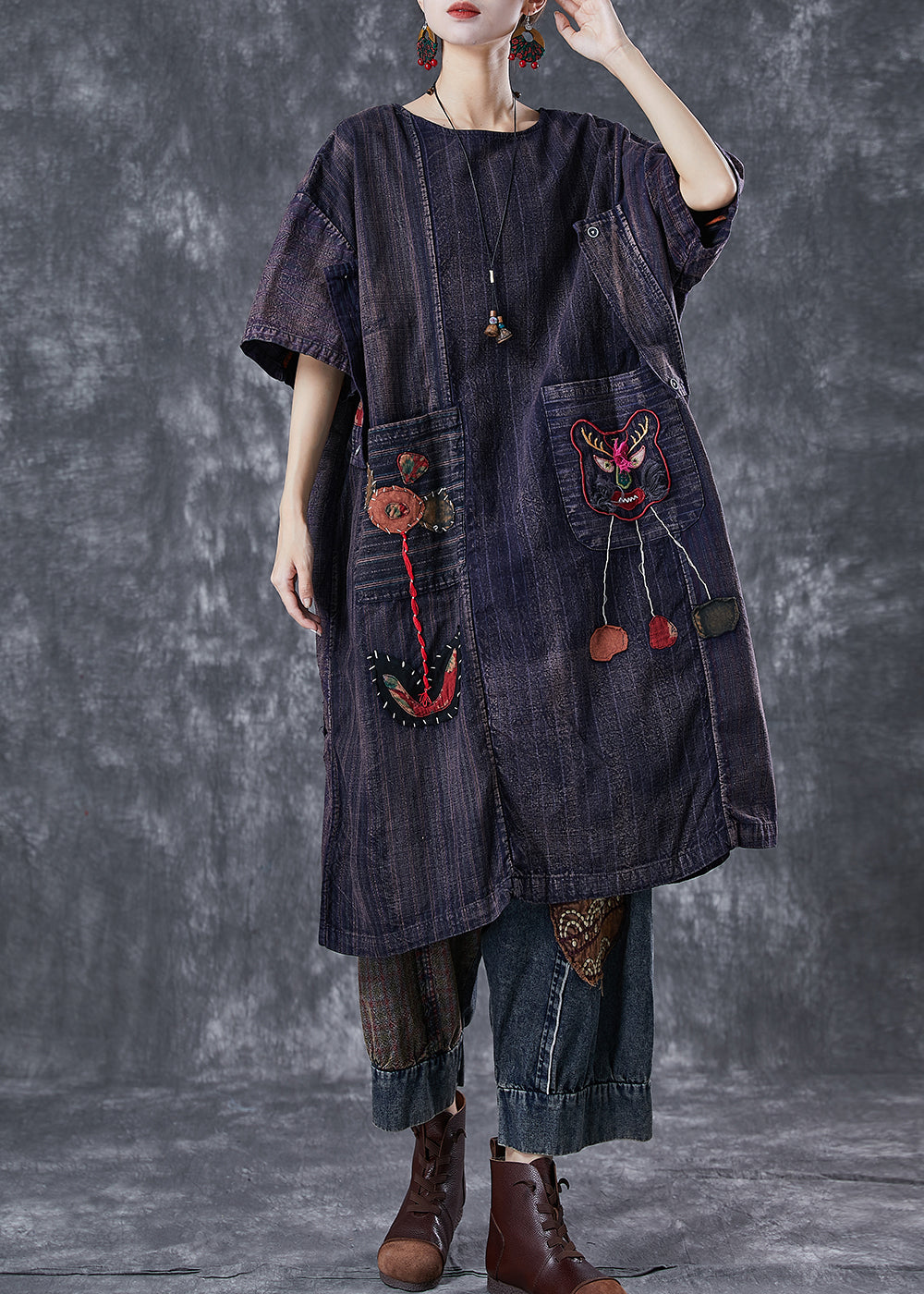 Embroideried Patchwork Applique Wear on Both Sides Cotton Dress Summer