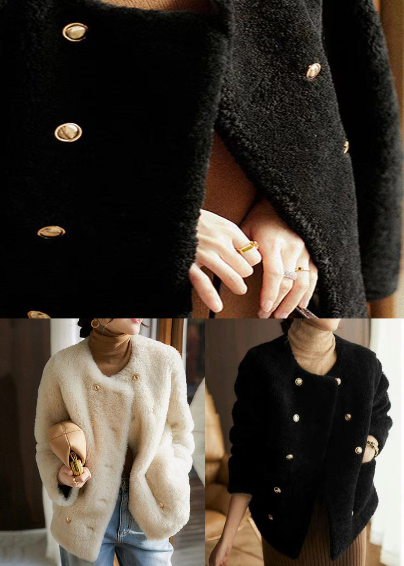 Black O Neck Pockets Patchwork Wool Coats Winter
