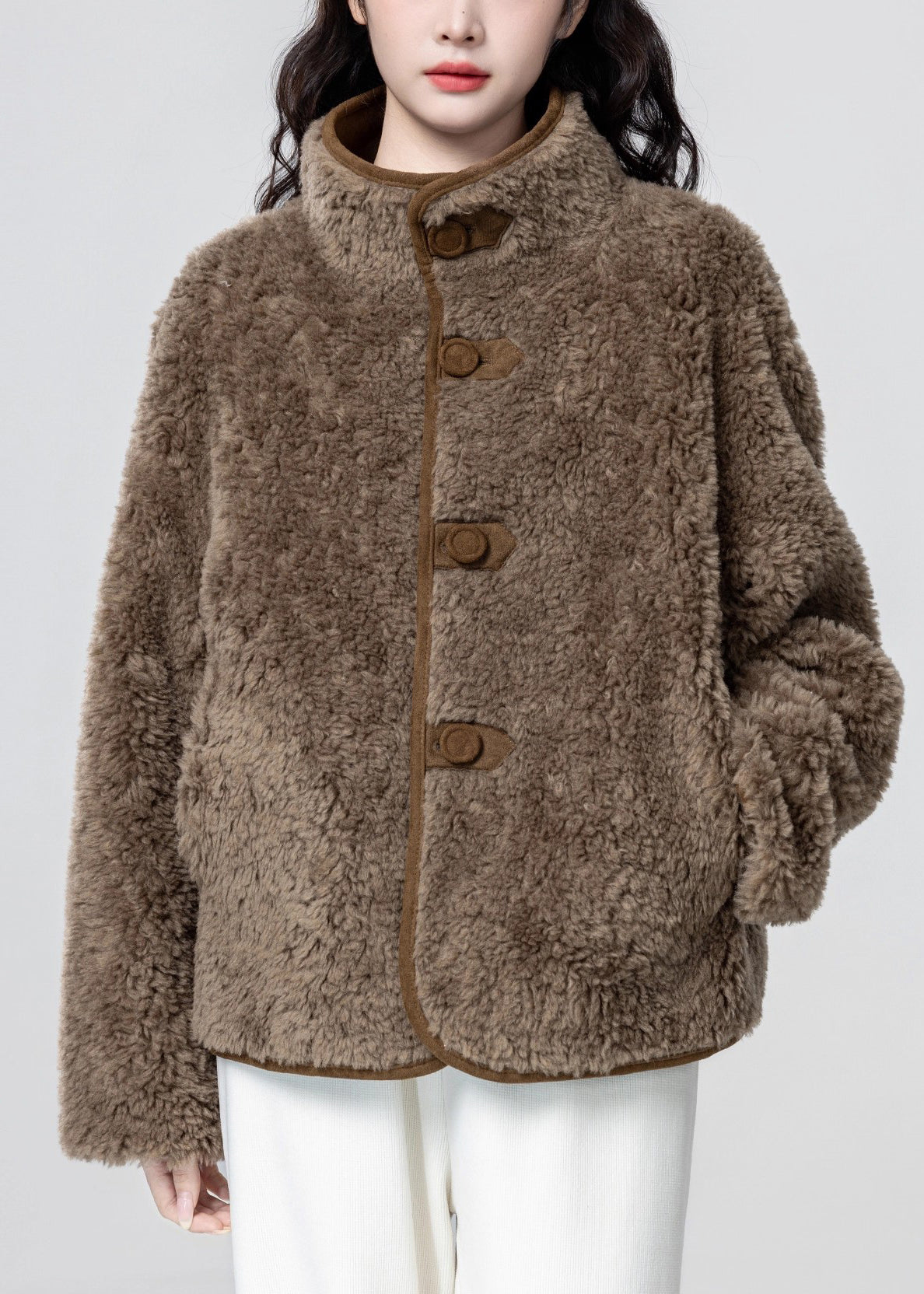 Brown Pockets Wear on Both Sides Fluffy Faux Suede Coats Stand Collar