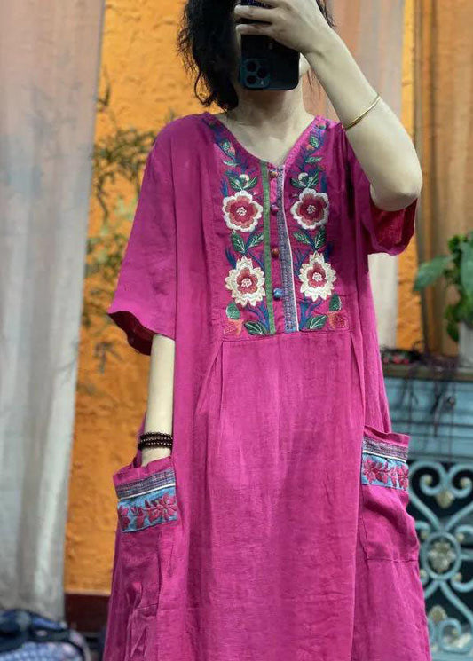 Rose Red Embroideried V Neck Linen Dress Half Sleeve