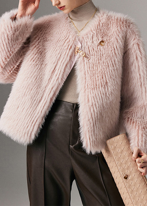 Pink Button Leather and Fur Winter Coat O Neck