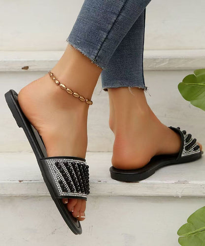 Zircon Splicing Black Faux Leather Slide Sandals