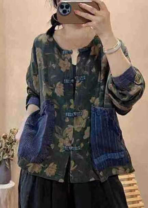 Navy Button Print Pockets Cotton Tops Fall