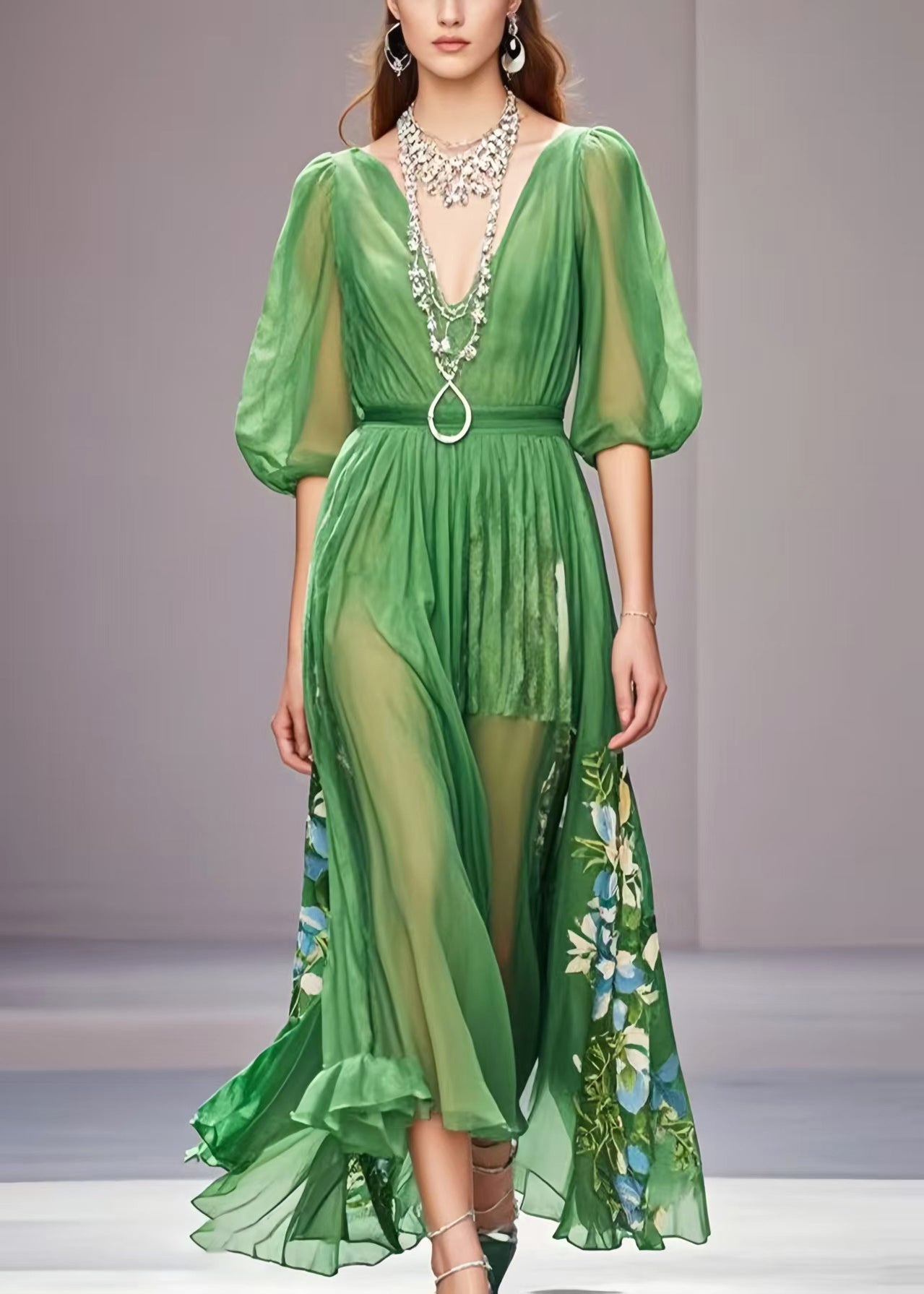 Unique Grass Green Puff Sleeve Print Chiffon Dress Summer