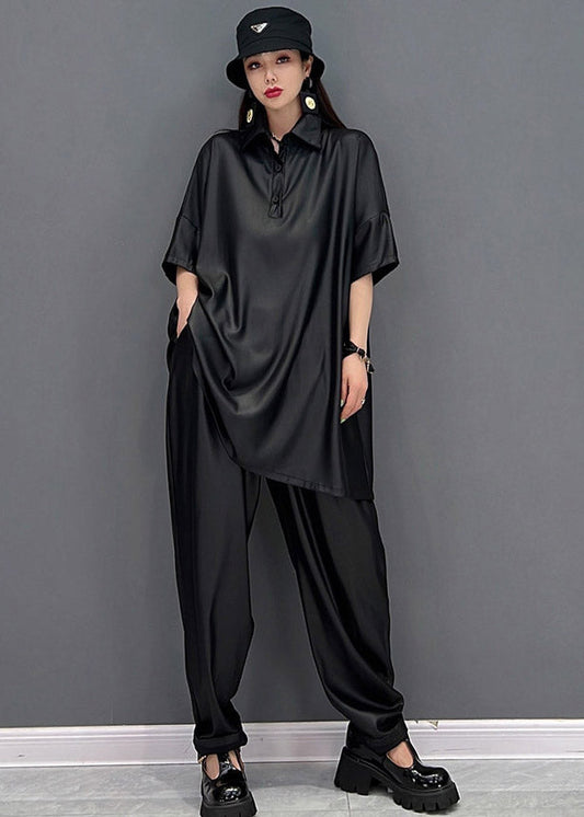 Black Peter Pan Collar T Shirt and Beam Pants Two Pieces Set Summer