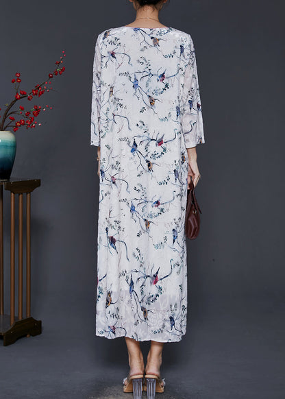 White Chinese Button Print Silk Velour Dress Spring